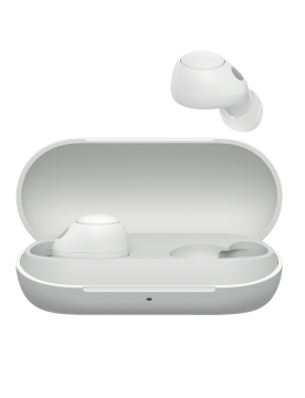 White Sony WFC700 Earbuds in charging case