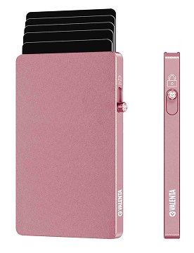 Front and side view of a Valenta Aluminium MagSafe Cardprotector in Rose