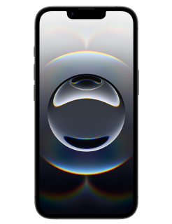 Image of an iPhone 16e with a black and white abstract wallpaper featuring a central sphere.