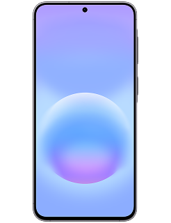 Front view of a dark-framed Samsung Galaxy A57 smartphone, displaying a soft blue and purple gradient wallpaper with a glowing central orb and a small hole-punch camera at the top center.