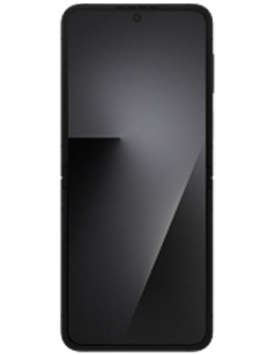 Front view of a black Samsung Galaxy Z Flip7 FE phone fully open.