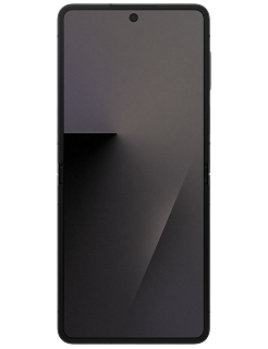 Front view of a black Samsung Galaxy Z Flip7 phone fully open.