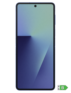 Front view of a blue Samsung Galaxy Z Flip7 phone fully open.