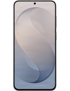 A front view of the Samsung Galaxy S26 FE in black. It has a large, flat display with slim bezels and a centered hole-punch camera. The screen features a light grey abstract graphic wallpaper.