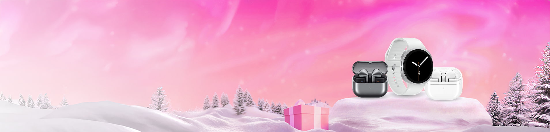 Three Samsung accessories (a silver charging case with earbuds, a white smartwatch, and a white charging case with earbuds) displayed on snowy ground against a pink, festive background with Christmas trees and gifts.