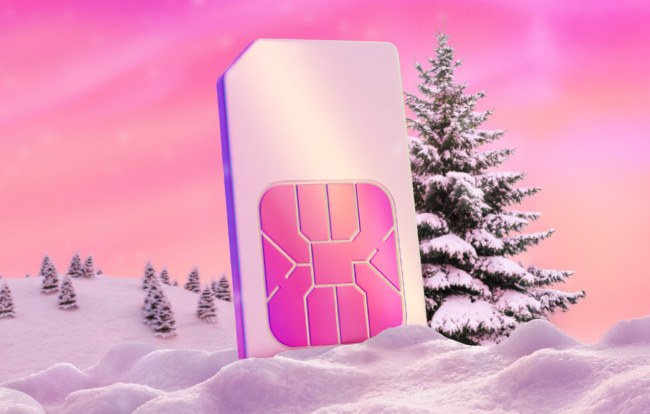 A pink Three SIM card standing upright in a snowy landscape with small snow-covered pine trees and a large pine tree in the background under a pink sky.