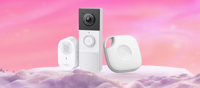 Three smart home devices on a snowy pink platform: a white Tapo chime/hub, a white video doorbell with a black camera module, and a white Tile tracker.