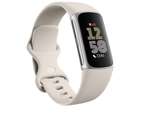  A cream Fitbit fitness tracker with a silver frame displaying the time, heart rate, and step count on a black screen.