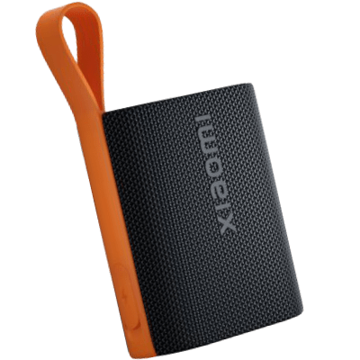  A compact black portable speaker with a textured grille and orange plastic sides, featuring an orange carrying strap on a light gray background.
