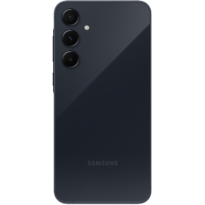 Back of a dark blue Samsung smartphone showing the triple camera array and flash.