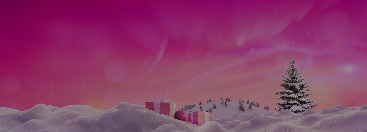 Festive snowy landscape with a prominent Christmas tree and pink wrapped presents, set against a vibrant magenta and pink sky with subtle lighting effects.