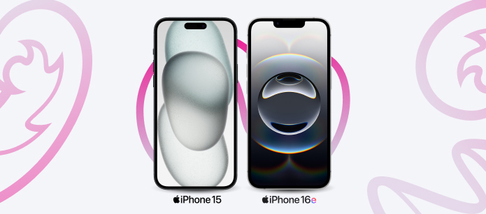 A side-by-side of two iPhones, an iPhone 15 and an iPhone 16e. The iPhone 15 displays a light-colored, abstract, cloudy wallpaper. The iPhone 16e displays a dark, reflective wallpaper with a spherical design at the center.