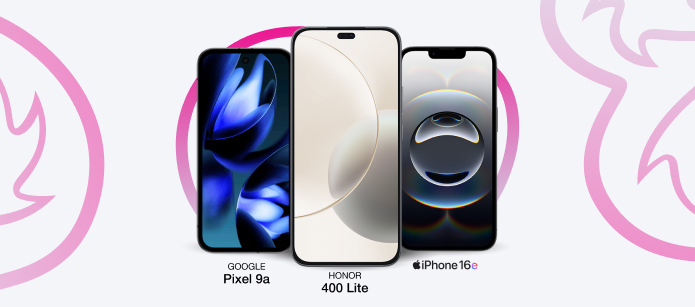 A side-by-side of three different smartphones. From left to right, they are the Google Pixel 9a, the HONOR 400 Lite, and the iPhone 16e.