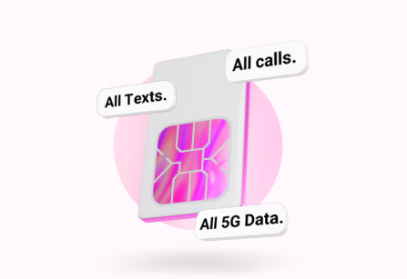 Image of a Three SIM card with a holographic pink and magenta chip. The SIM card is positioned diagonally in front of a translucent pink circle. Three white text boxes are pointing at the SIM card, reading "All Texts," "All calls," and "All 5G Data."