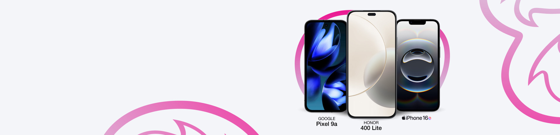 Three smartphones side-by-side with prepay plans from Three. From left to right, a Google Pixel 9a, an HONOR 400 Lite, and an iPhone 16e. The phones are set against a light background with pink, abstract graphic pattern of the 3 logo on the sides.