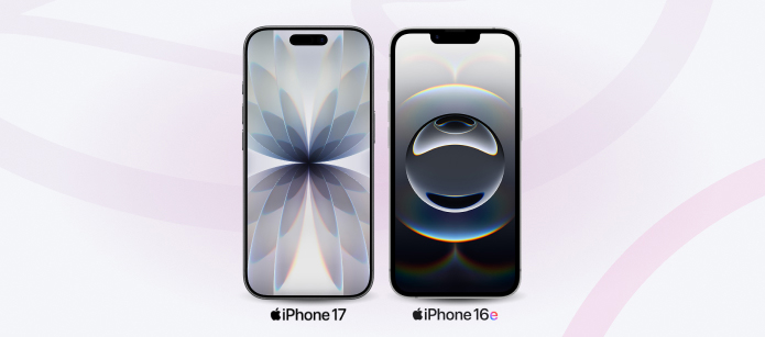 A side-by-side image of two iPhones, an iPhone 17 on the left and an iPhone 16e on the right, against a light pink background with subtle abstract swirls.