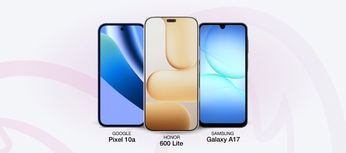 A lineup of three smartphones showing front displays: Google Pixel 10a on the left, Honor 600 Lite in the center, and Samsung Galaxy A17 on the right, against a light pink background.