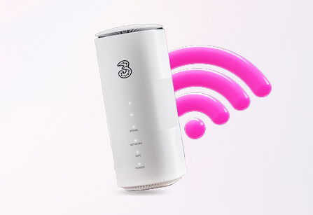 A 3D rendering of a white Three-branded home Wi-Fi router next to a bright pink, glossy Wi-Fi signal icon on a light background.