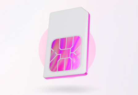 A white mobile SIM card with a vibrant pink and purple iridescent electronic chip, set against a light background with a subtle pink circular glow behind it.