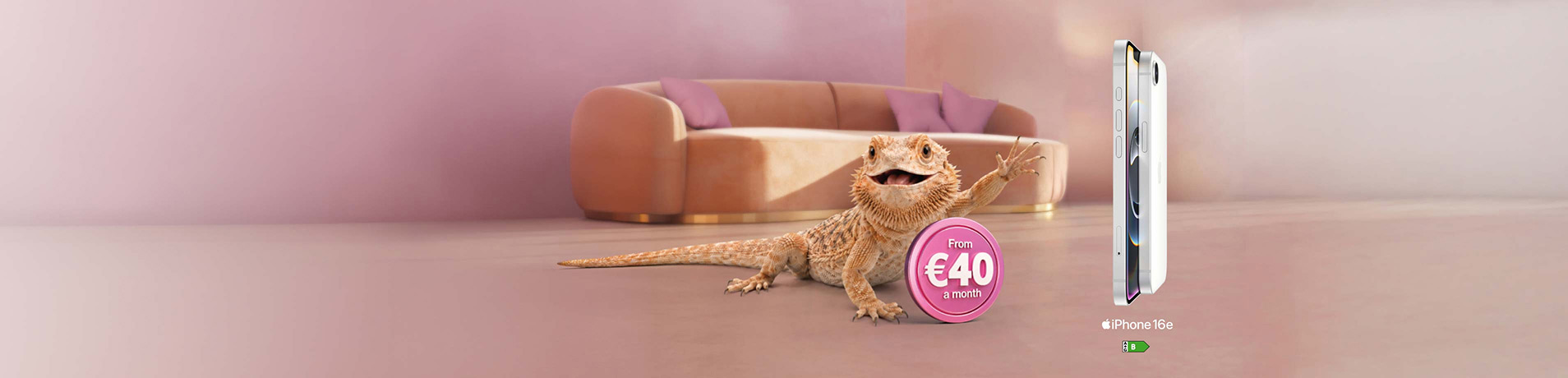 Jeff the bearded dragon presenting an iPhone 16e promotional offer, holding one claw out toward two white iPhones alongside a pink price badge reading "From €40 a month."