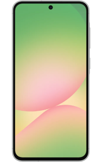Front view of a Samsung Galaxy A56 smartphone with a black bezel and a centered punch-hole camera at the top. The screen features a soft, abstract wallpaper with large, rounded shapes in shades of pastel green, pink, and yellow.