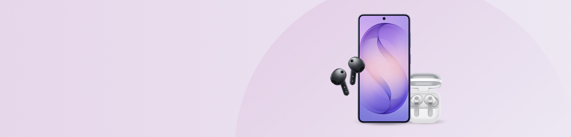 A Samsung Galaxy S26 with a purple gradient wallpaper stands upright between two pairs of Buds, a black pair of Samsung Buds 4 on the left and a white pair of Samsung Buds 4 pro in an open charging case on the right against a light purple background.