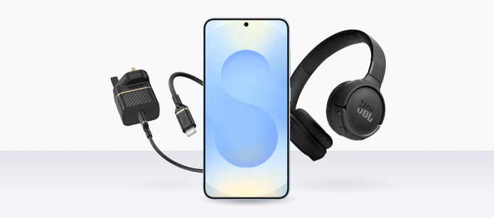 A black travel adapter and cable are connected to a light blue smartphone. Black JBL over-ear headphones rest next to the phone.