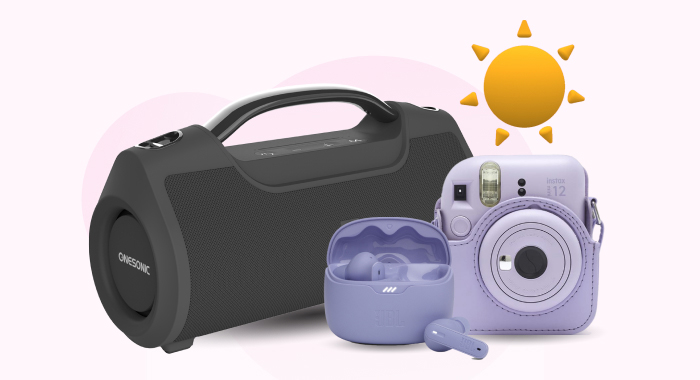 Black portable speaker, lavender instant camera, and matching earbuds set with a sun icon in the background.