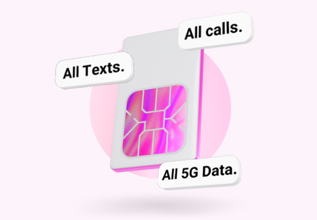 An image of a white Three SIM card with a metallic pink and purple chip. Three speech bubbles float around it: "All Texts.", "All calls." and "All 5G Data.". The background is a soft pink with a larger, fainter pink circle behind the SIM card.