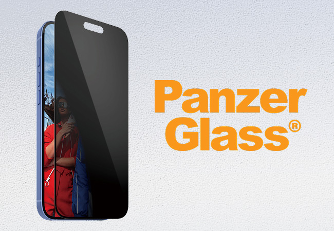 A smartphone with a privacy glass screen protector is set in front of a blue wall and beside the "Panzer Glass" orange text logo.