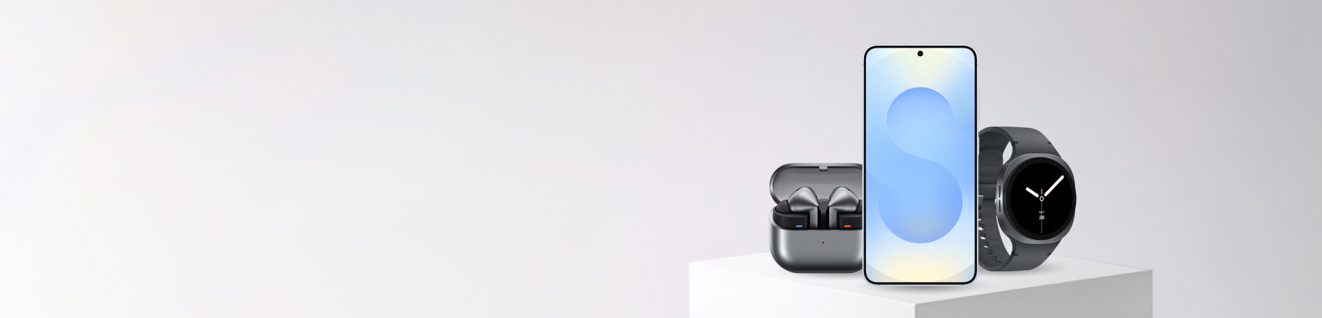 Image of Samsung Galaxy S25 with Samsung Buds 3 to left and a Samsung Watch 8 to the right.