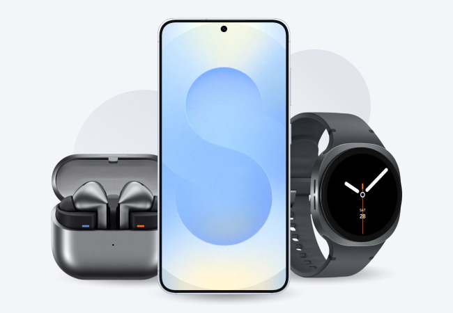 Image of Samsung Galaxy S25 with Samsung Buds 3 to left and a Samsung Watch 8 to the right.