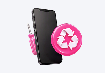 3D graphic of a smartphone next to a pink screwdriver and a pink circle displaying a white recycling symbol.