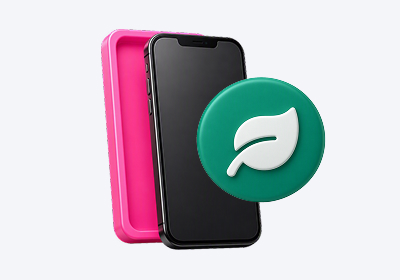 3D graphic of a smartphone beside a pink case and a green circle with a white leaf icon.