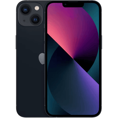 ront and back view of a dark midnight iPhone 13 showing its screen with a notch and diagonal dual-camera rear design.