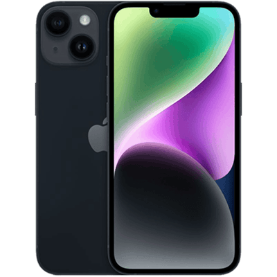 Front and back view of a dark midnight blue iPhone 14 showing its screen with a notch and dual-camera rear design.