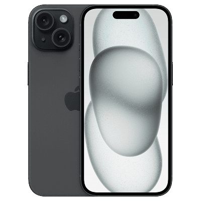 Front and back view of a dark gray iPhone 15 showing its screen with Dynamic Island and dual-camera rear design.