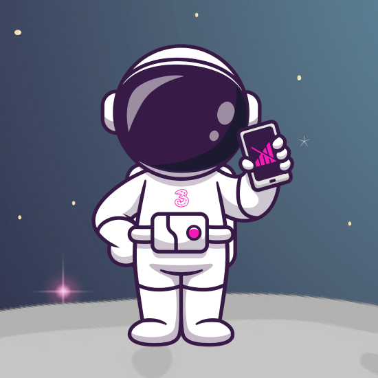 Cartoon astronaut wearing a Three-branded spacesuit and holding a smartphone on the moon.