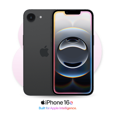 iPhone 16e, showing the back with a single camera and the front with a vibrant, abstract wallpaper. The text "Built for Apple Intelligence" is below.