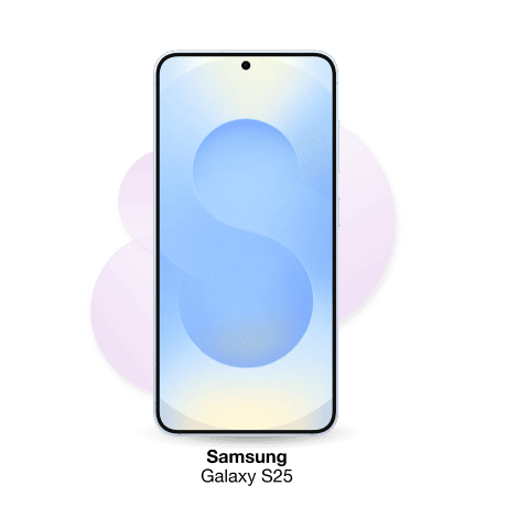 Front view of a Samsung Galaxy S25. The screen displays a light blue, abstract wallpaper with a prominent "S" shape. Below the phone, the text "SAMSUNG" and "Galaxy S25" is visible.