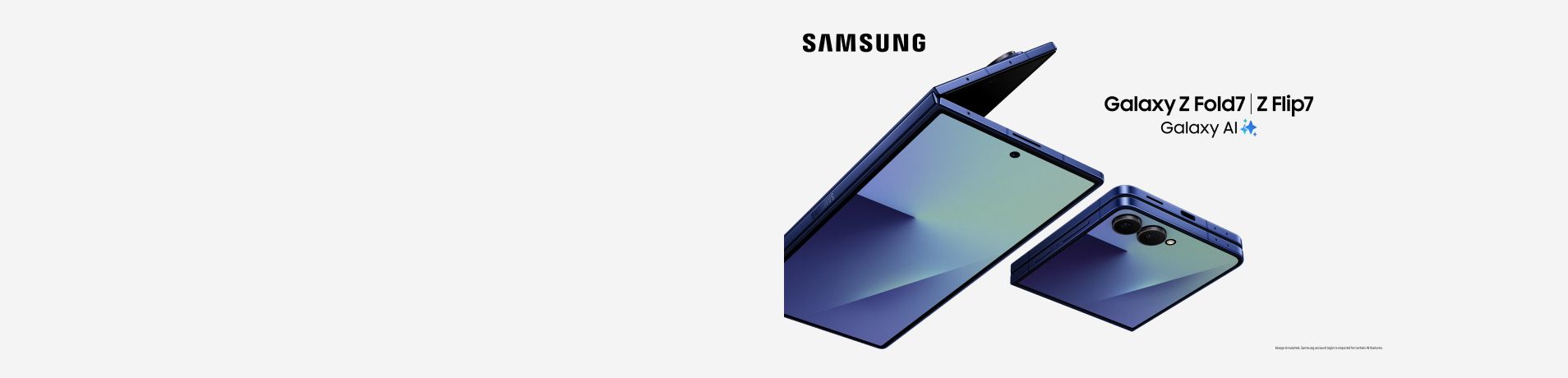 A close-up image shows two Samsung foldable phones against a white background. The phone on the left is a Galaxy Z Fold, unfolded to reveal its large inner screen. The phone on the right is a Galaxy Z Flip, shown from the back.