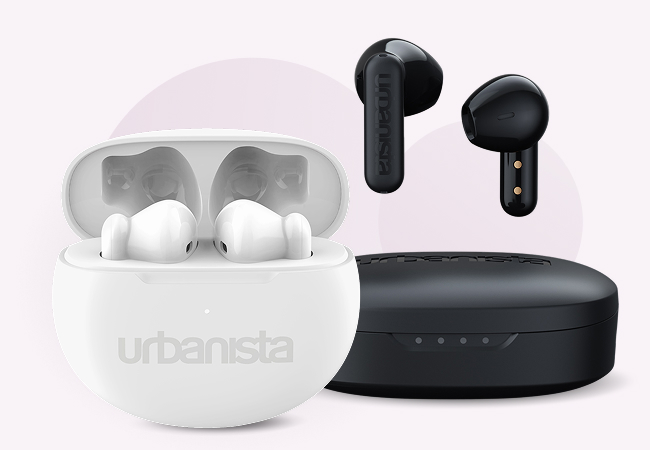 White and black Urbanista wireless earbuds with matching open and closed charging cases