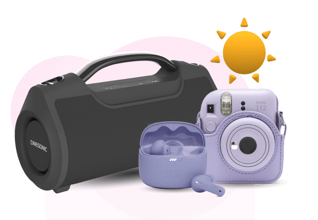 Image featuring a dark gray ONESONIC portable speaker, a pair of light purple JBL earbuds in their open charging case, and a light purple Fujifilm Instax Mini 12 instant camera with a matching case. A bright yellow sun icon is in the upper right corner.
