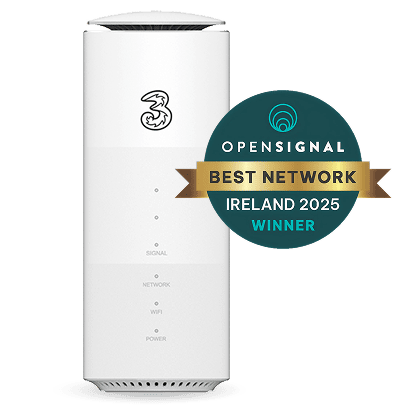 A white 5G home broadband router with the Three logo and "Opensignal Best Network Ireland 2025 Winner" badge.