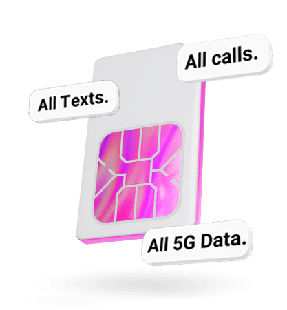 A white SIM card with pink/purple circuitry floats with speech bubbles: "All Texts.", "All calls.", "All 5G Data.