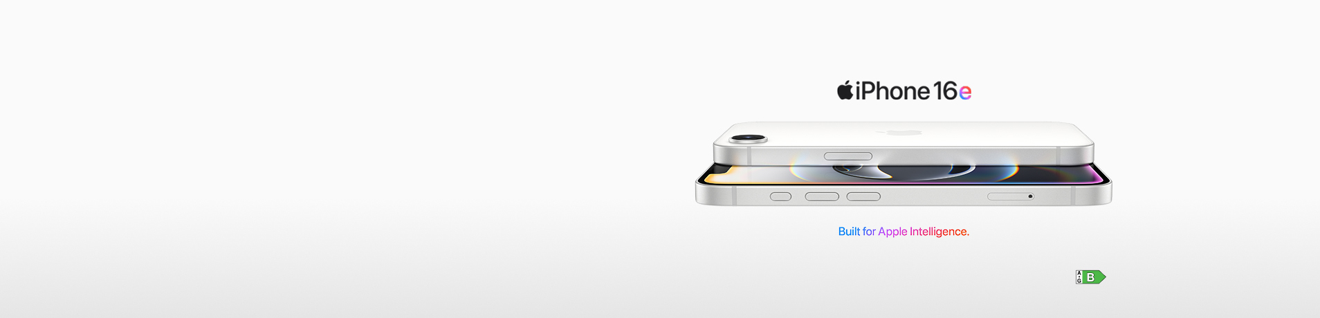 A white iPhone 16e is shown horizontally with its screen up. A reflection shows its bottom edge. Text reads "iPhone 16e" and "Built for Apple Intelligence."