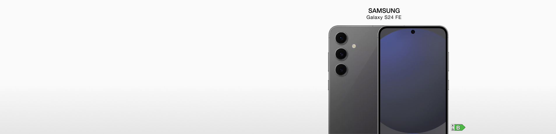 A gray Samsung Galaxy S24 FE is shown from the front and back. It has a triple camera and a dark screen with a punch-hole camera.