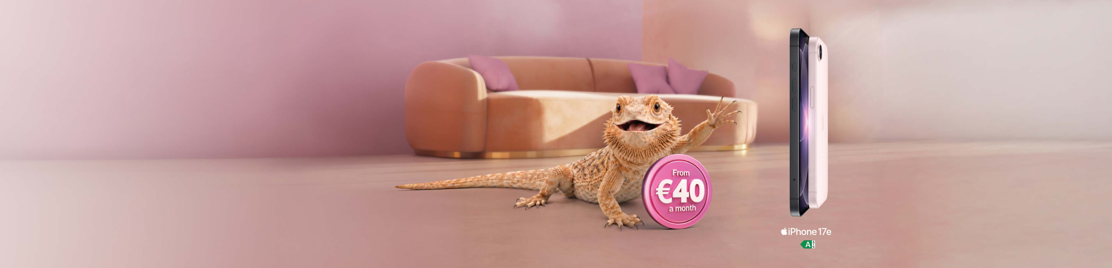 A promotional image for the iPhone 17e starting at €40 a month, featuring Jeff the bearded dragon next to the phones in a soft pink living room setting.