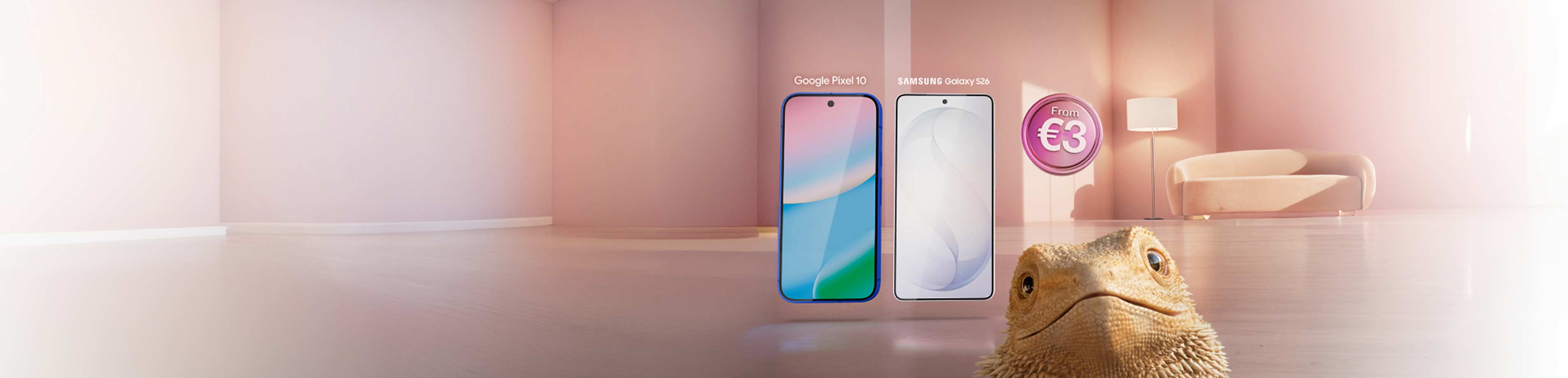 A minimalist pink room featuring two smartphones next to a pink badge that reads "from €3." In the foreground, Jeff, the bearded dragon peeks into the frame, looking at the viewer.