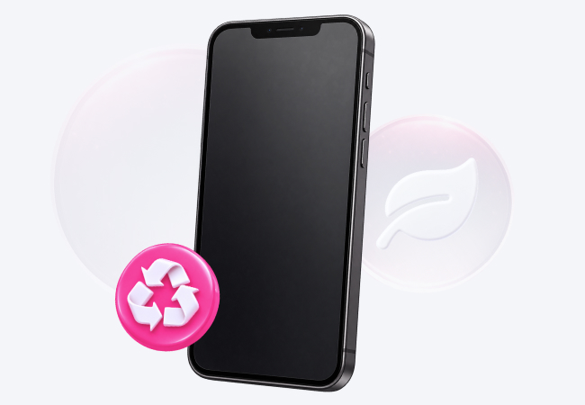 A smartphone with a pink recycling icon in the foreground and a leaf symbol in the background against a light grey setting.